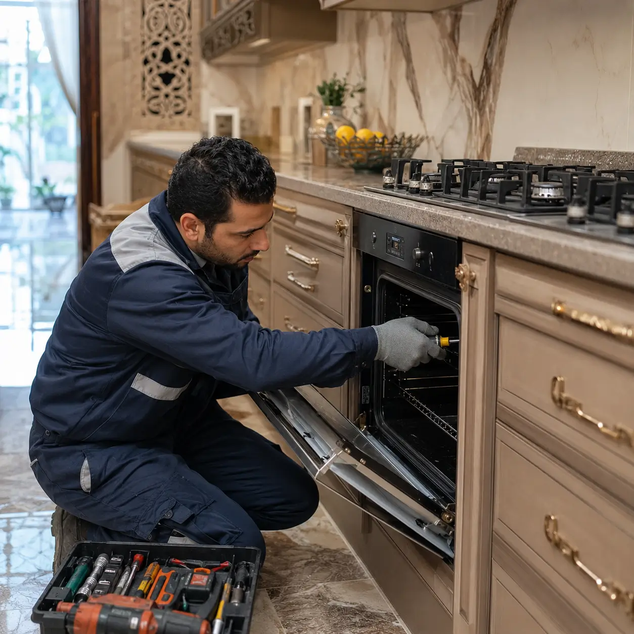 فني BuiltInFix أثناء صيانة جهاز بلت إن داخل وحدة المطبخ