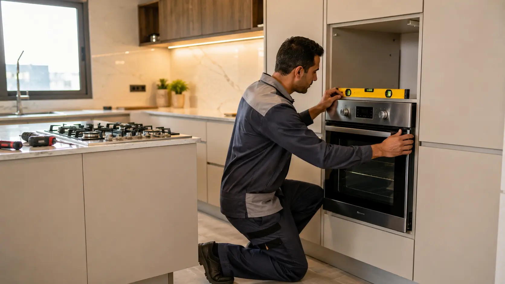 فني BuiltInFix أثناء تركيب وتجربة أجهزة المطبخ