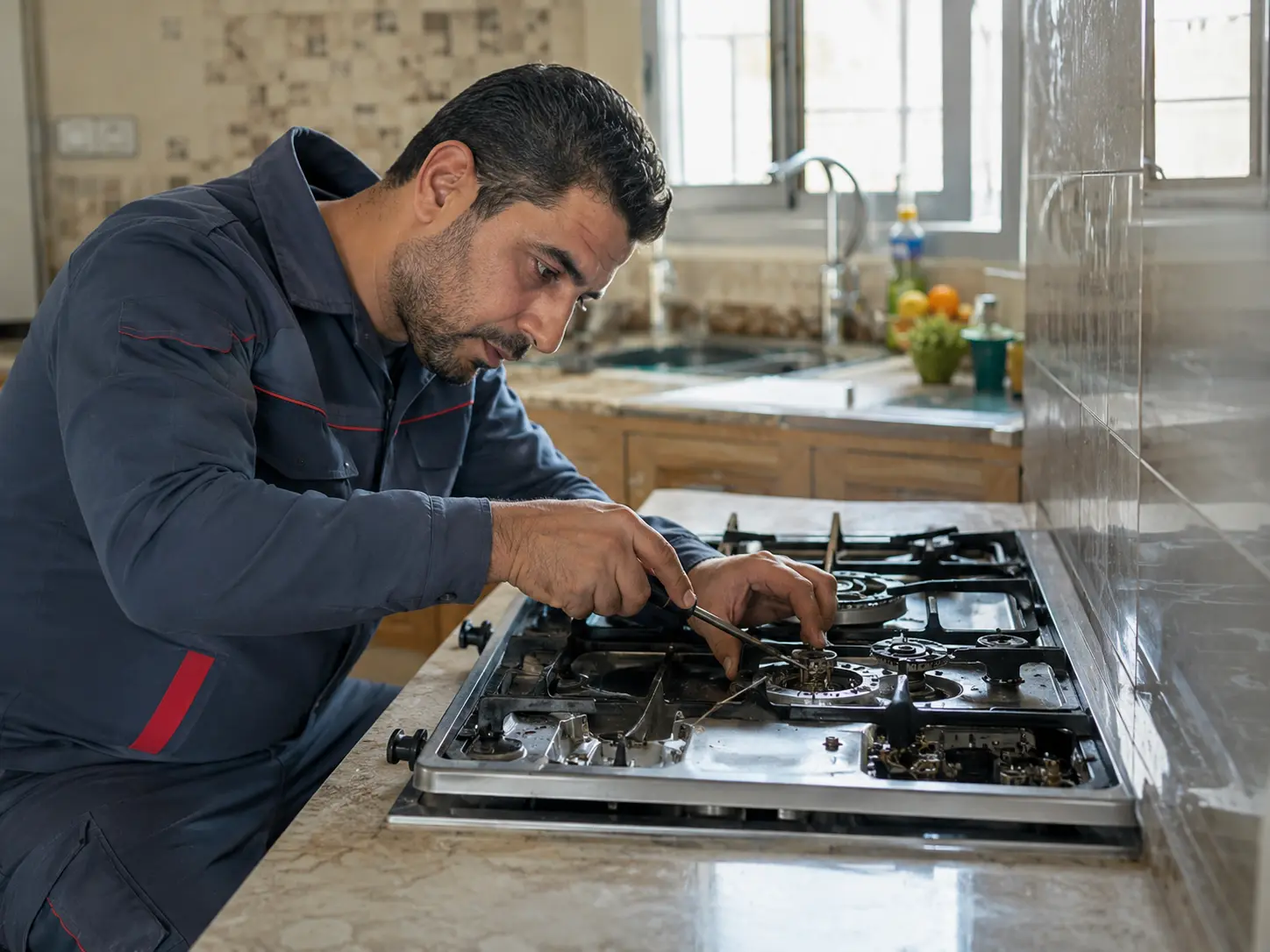 فني BuiltInFix أثناء صيانة بوتاجاز 2 شعلة في المنزل