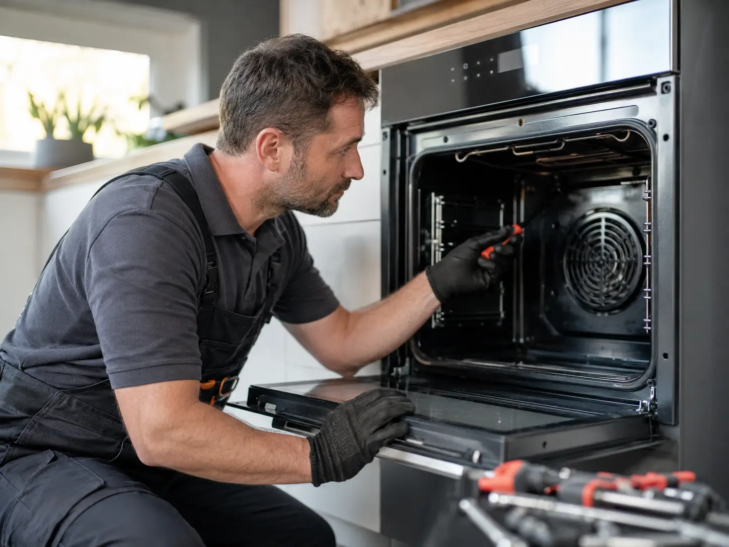فني BuiltInFix أثناء صيانة فرن Convection بمروحة الحمل الحراري